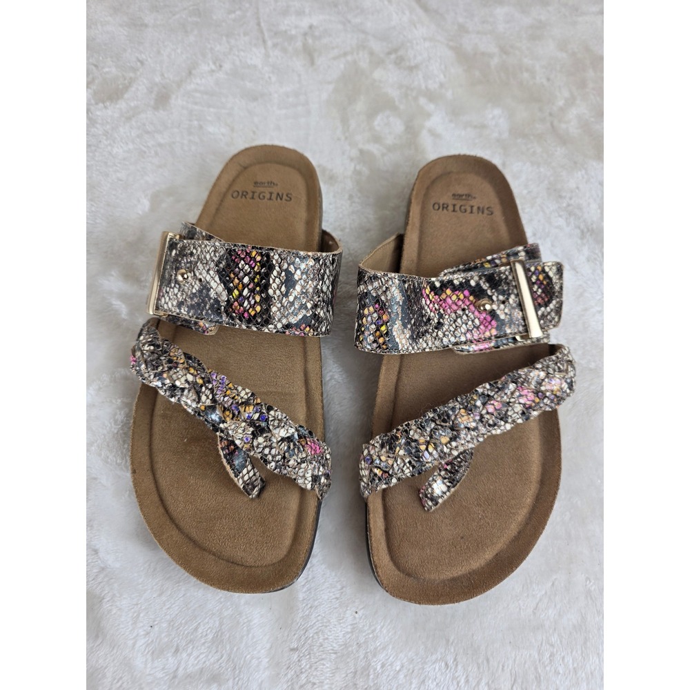 Earth Origins Orono Slide Sandals Women's Red Multi colored faux Snake skin